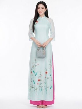 Ao Dai Set Vietnamese Traditional Dress Floral Embroidered Mint Blue L Tet NEW